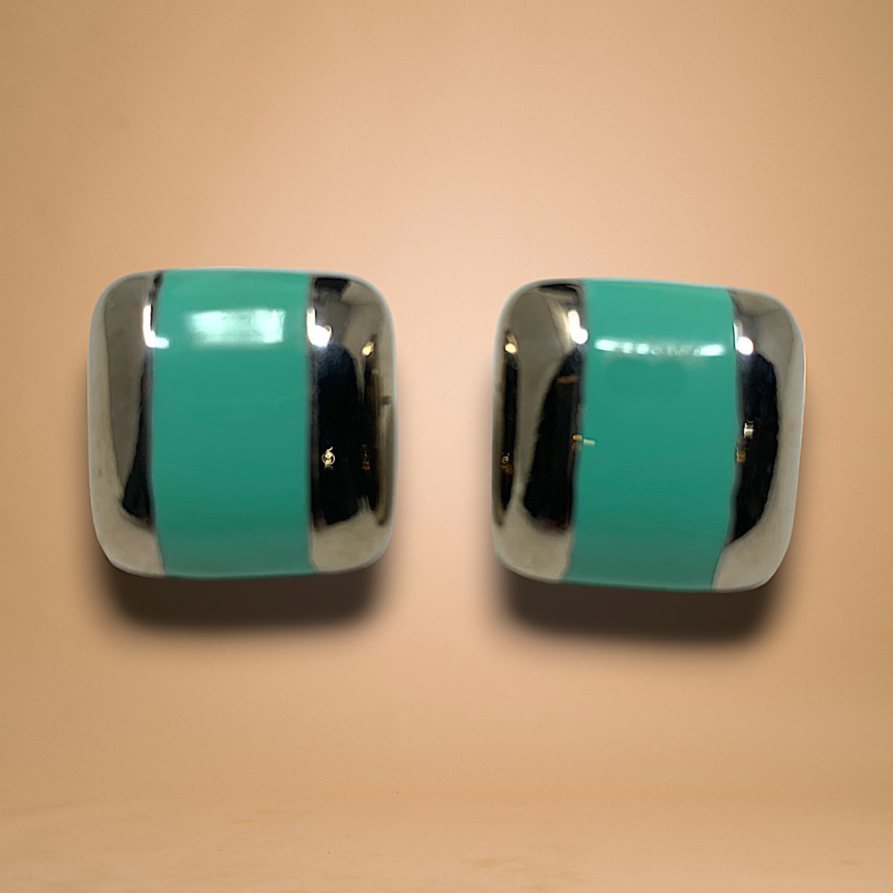 Vintage 1980s Aqua Enamel Silver Tone Earrings New Wave Pierced Carded